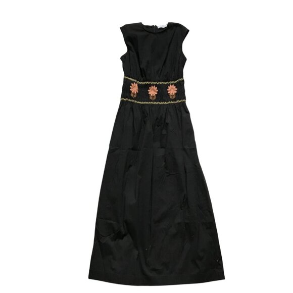Pearl by Lela Rose Maxi Dress Womens XS Black Smocked Embroidered Crew Neck